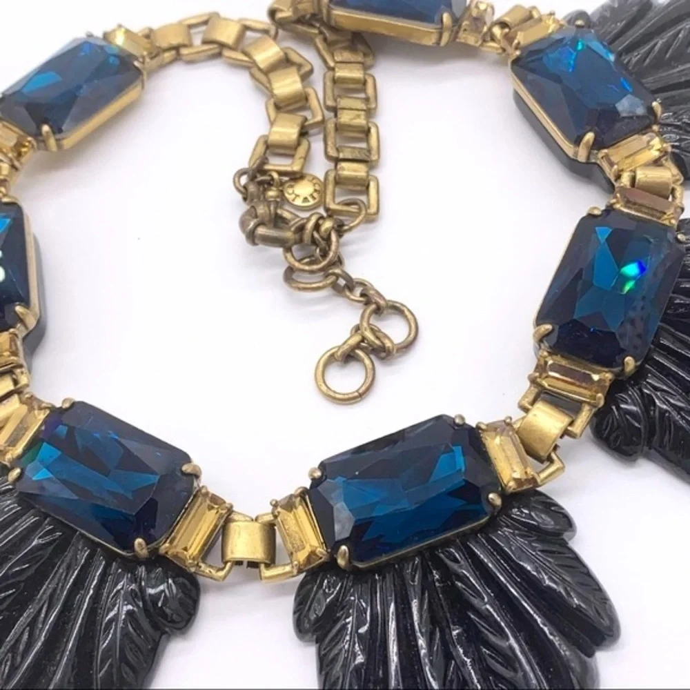 J. Crew Blue Crystal Black Resin Gold Necklace